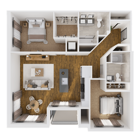 Floor plan for 2 beds, 2 baths, 1141 sqft